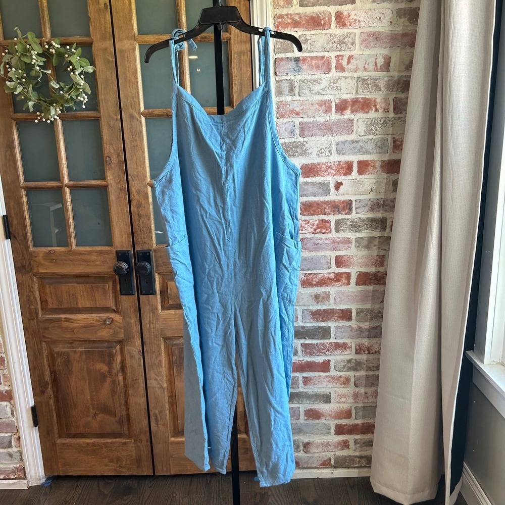 Hunter & Brown Jumpsuit Women Large Blue Linen Blend Tie Strap Wide Leg Casual